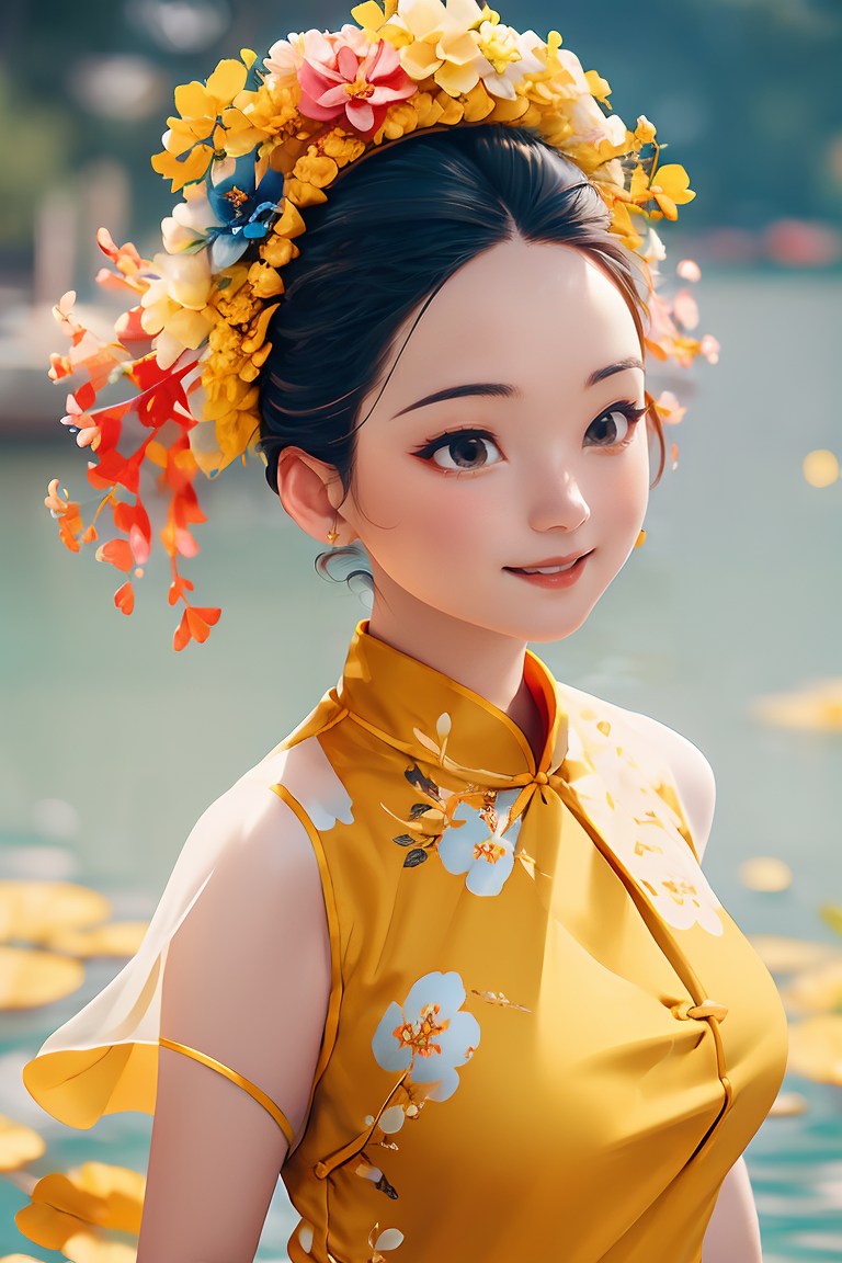 406353-1952961210-1 girl, smile, xunpu, chinese clothes, yellow dress, flower print, hair flower_blue, lake, floral , ((floral background))_lora_X.png